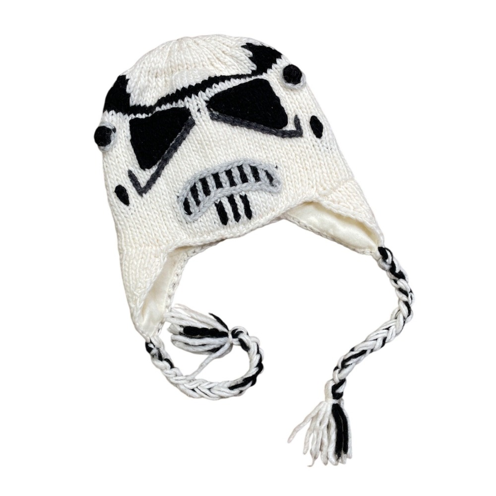 Star Wars Stormtrooper Hand knit ‎ Beanie Hat with Tassels White Black & Frown